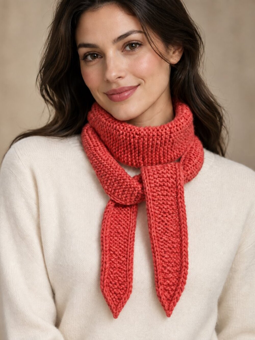 Coral Red Hand Knit Skinny Scarf Chic Style Neck Wrap with Pointed Ends